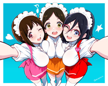 3girls alternate_costume apron asymmetrical_docking black_hair blue_eyes blush breast_press breasts brown_eyes brown_hair glasses heart hibike!_euphonium highres kotomozou large_breasts long_hair looking_at_viewer maid maid_apron maid_headdress mole mole_under_eye multiple_girls musical_note nakaseko_kaori ogasawara_haruka one_eye_closed open_mouth orange_apron orange_shorts over-rim_eyewear pink_apron pink_shorts red-framed_eyewear red_apron red_eyes red_shorts semi-rimless_eyewear shirt short_hair short_sleeves shorts simple_background smile star_(symbol) tanaka_asuka thighhighs twintails waist_apron white_shirt white_thighhighs