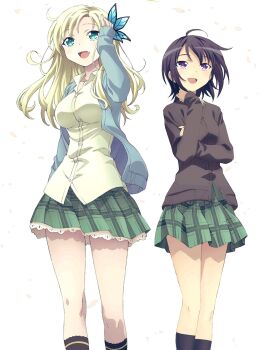 2girls ahoge black_socks blazer blonde_hair blush boku_wa_tomodachi_ga_sukunai breasts bug butterfly cardigan hair_ornament hairclip highres holding insect jacket kashiwazaki_sena kneehighs medium_breasts mikazuki_yozora miniskirt multiple_girls official_art pleated_skirt school shirt skirt small_breasts smile socks sweater uniform vest watanabe_yoshihiro