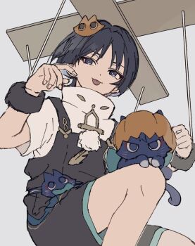 Rule 34 | 1boy, :p, animal, animal on lap, animalization, black hair, black overalls, blunt ends, bracelet, bright pupils, casual, cat, cat hair ornament, cat on lap, choppy bangs, commentary request, contemporary, eyeliner, fingernails, fur bracelet, genshin impact, hair ornament, hands up, highres, issnnkw, jewelry, knee up, looking at viewer, makeup, male focus, marionette, marionette controller, official alternate costume, on lap, overalls, person and animalization, puppet, purple eyes, red eyeliner, scaramouche (cat) (genshin impact), scaramouche (genshin impact), shirt, short sleeves, solo, tongue, tongue out, tsurime, turtleneck, turtleneck shirt, undershirt, wanderer (genshin impact), white pupils, white shirt, white sleeves