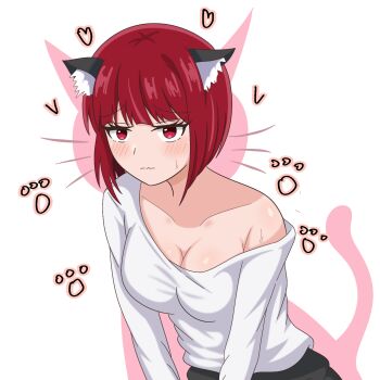 1girl animal_ears arima_kana bare_shoulders blush bob_cut breasts cat_ears cleavage closed_mouth collarbone curvy dress_shirt fake_animal_ears highres inverted_bob medium_breasts oshi_no_ko red_eyes red_hair shirt short_hair simple_background solo strap_slip upper_body wavy_mouth