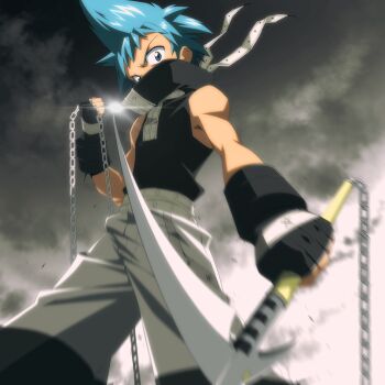 Rule 34 | belt, black gloves, black shirt, black star, blue eyes, blue hair, chain, fingerless gloves, gloves, high collar, highres, kusarigama, miko heb, ninja, pants, shirt, sickle, sleeveless, soul eater, spiked hair, studded belt, weapon, white pants
