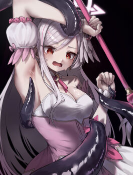 1girl arm_up armpits black_background blue_archive blush bow breasts cleavage covered_erect_nipples crescent crescent_hair_ornament detached_sleeves dress hair_ornament halo head_wings highres holding holding_staff lazy_jeyuk_bokkeum long_hair mage_staff magical_girl medium_breasts mole mole_under_eye neck_ribbon official_alternate_costume open_mouth pink_bow pink_dress pink_halo pink_ribbon red_eyes restrained ribbon simple_background single_head_wing solo staff strapless strapless_dress suzumi_(blue_archive) suzumi_(magical)_(blue_archive) sweat swept_bangs tentacles upper_body white_hair wings wrist_cuffs
