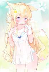 Rule 34 | 1girl, animal ears, bare shoulders, blonde hair, blue bra, blue eyes, blue panties, blush, bow, bow bra, bra, breasts, cleavage, closed mouth, clothes in front, collarbone, commentary request, covered navel, fox ears, fox girl, fox hair ornament, fox tail, full body, hair rings, hands up, highres, leilin, looking at viewer, medium breasts, navel, original, panties, see-through, short eyebrows, solo, sweat, tail, thick eyebrows, twitter username, underwear
