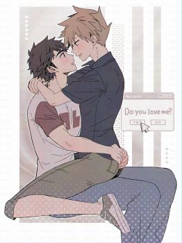 2boys arms_around_neck arms_around_waist black_shirt blue_oak blue_pants brown_hair collared_shirt commentary_request cursor denim eye_contact from_side halftone highres jeans looking_at_another male_focus multiple_boys nintendo open_mouth pants parted_bangs pk_rgr96 pokemon pokemon_sm print_shirt red_(pokemon) shirt shoes short_hair short_sleeves sitting smile spiked_hair straddling t-shirt window_(computing) wing_collar yaoi