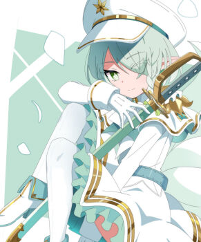 1girl boots braid closed_mouth commentary_request commission dress eyes_visible_through_hair flower_knight_girl fold-over_boots frilled_dress frills gloves green_eyes green_hair hair_over_one_eye hat high_heel_boots high_heels light_smile lily_(flower_knight_girl) long_hair long_sleeves looking_at_viewer nyaru_(nyaru_4126) peaked_cap petals pointy_ears sheath sheathed skeb_commission solo sword thighhighs thighhighs_under_boots weapon white_boots white_dress white_gloves white_hat white_thighhighs