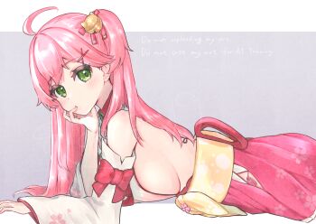 1girl ahoge amari_(ama_shiiiiiiba) arm_bow bell blush bow breasts floral_print green_eyes hair_bell hair_ornament hair_ribbon hairclip hakama hakama_short_skirt hakama_skirt hand_on_own_cheek hand_on_own_face highres hololive japanese_clothes jingle_bell large_breasts long_hair long_sleeves looking_at_viewer lying on_stomach one_side_up pink_bow pink_hair pink_ribbon pink_skirt ribbon sakura_miko sakura_miko_(1st_costume) sash shirt sideboob skirt solo virtual_youtuber white_background white_shirt white_sleeves yellow_sash