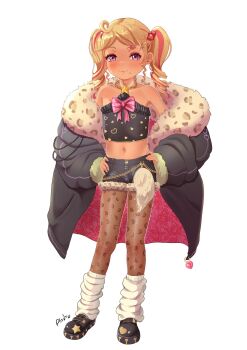 :3 andro_gs bare_shoulders blonde_hair blush chest_bow flat_chest gyaru hair_ornament hands_on_own_hips heart heart_hair_ornament heartsync highres leg_warmers medium_hair midriff mole mole_under_mouth multicolored_hair pantyhose pink_hair purple_eyes siena_olena star_pendant tan twintails two-tone_hair virtual_youtuber