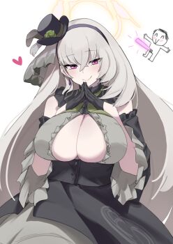 1girl absurdres black_gloves black_hat blue_archive blush breasts center_frills center_opening cleavage closed_mouth commentary_request denpatou doodle_sensei_(blue_archive) dress flower flower_as_hat frills gloves glowstick green_flower grey_dress grey_hair hat highres large_breasts layered_dress long_hair looking_at_viewer mini_hat mini_top_hat purple_eyes sakurako_(blue_archive) sakurako_(idol)_(blue_archive) sensei_(blue_archive) simple_background smile steepled_fingers top_hat white_background