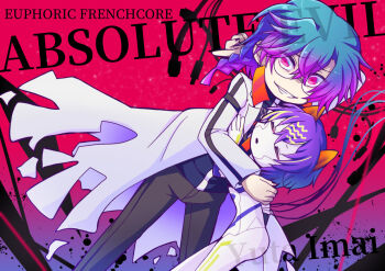 1boy beatmania_iidx bemani black_shirt blue_hair cable coat commentary_request dr._phi feet_out_of_frame glasses grey_pants grin lab_coat looking_at_viewer male_focus mitsuto_(mamimu) open_mouth pants pink_eyes purple_hair red_background shirt short_hair smile solo white_coat