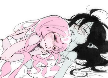 2girls adventure_time bermooli black_hair bra camisole closed_eyes colored_skin fangs highres long_hair lying lying_on_person marceline_abadeer multiple_girls on_back on_side pale_skin pink_hair pink_skin princess_bonnibel_bubblegum simple_background sleeping underwear vampire white_background white_bra white_camisole yuri