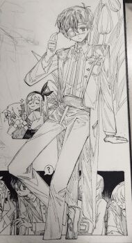 Rule 34 | 1girl, 3boys, ?, absurdres, alternate costume, alternate sleeve length, antenna hair, arm support, aubrey (faraway) (omori), aubrey (omori), basil (faraway) (omori), basil (omori), blush, breast pocket, chibi, chinese commentary, closed eyes, closed mouth, collared shirt, comb, commentary request, double-parted bangs, eyepatch, flower, formal clothes, gladiolus, greyscale, hair between eyes, hair flower, hair ornament, hairband, highres, holding, holding comb, jacket, kel (faraway) (omori), kel (omori), long hair, long sleeves, looking at another, monochrome, moonskysoon, multiple boys, omori, pants, pocket, shirt, short-sleeved jacket, short hair, short sleeves, sidelocks, sparkle, speech bubble, spoilers, spoken question mark, suit, sunny (omori), traditional media