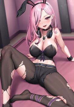 1girl animal_ears bare_shoulders belt black_choker black_corset black_hair black_hairband black_pantyhose black_shorts blue_belt blurry blurry_background blush breasts choker collarbone corset feet foot_out_of_frame hairband headphones headphones_around_neck hololive hololive_english indoors jewelry knee_up lambda_(kusowarota) large_breasts legs long_hair looking_at_viewer mori_calliope mori_calliope_(rock_bunny) multicolored_hair necklace no_shoes official_alternate_costume open_mouth pantyhose pink_eyes pink_hair rabbit_ears shorts sitting skull_necklace smile solo streaked_hair thighs toes torn_clothes torn_pantyhose two-tone_hair virtual_youtuber