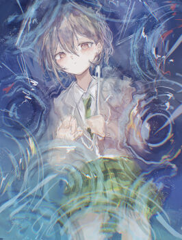 1girl absurdres bang_dream! bang_dream!_it&#039;s_mygo!!!!! blush brown_eyes closed_mouth commentary green_necktie green_skirt grey_hair grey_jacket hair_between_eyes haneoka_school_uniform highres jacket jewelry latte_bf looking_at_viewer lying necktie on_back partially_submerged plaid_clothes plaid_skirt school_uniform short_hair skirt solo takamatsu_tomori