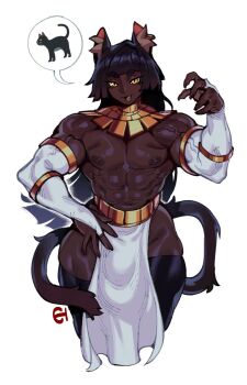 1boy animal_ear_piercing animal_ears black_hair bridal_gauntlets cat cat_boy cat_ears cat_tail dark-skinned_male dark_skin djeta_(appropriat0r) eigaka gold highres long_hair looking_at_viewer muscular muscular_male nipples orange_eyes original pelvic_curtain simple_background solo speech_bubble tail very_dark_skin white_background white_bridal_gauntlets