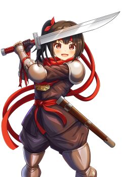 Rule 34 | 1girl, absurdres, arc (arc the lad), arc the lad, arc the lad i, armor, black gloves, brown hair, commission, cosplay, gloves, headband, highres, holding, holding sword, holding weapon, looking at viewer, medium hair, open mouth, red headband, scarf, side ponytail, simple background, smile, solo, sword, virtual youtuber, weapon, white background