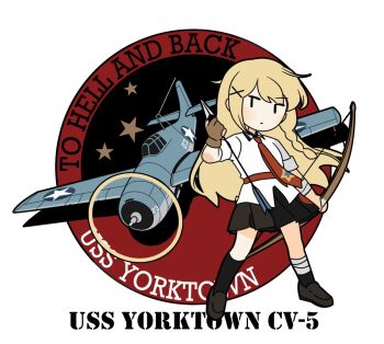Rule 34 | 1girl, aircraft, airplane, arrow (projectile), bandaged leg, bandages, black eyes, black skirt, black socks, blonde hair, bow (weapon), braid, brown gloves, chibi, closed mouth, commentary, english commentary, english text, gloves, hair ornament, holding, holding arrow, holding bow (weapon), holding weapon, long hair, necktie, original, partially fingerless gloves, personification, pleated skirt, red necktie, shirt, shoes, side braid, single glove, skirt, sleeves rolled up, socks, solo, star (symbol), uss yorktown (cv-5), weapon, x hair ornament, yorktown cv-5