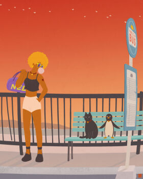 Rule 34 | 1girl, absurdres, afro, against railing, animal, bag, bare legs, bell, bench, bird, black cat, black shoes, black tank top, blonde hair, blowing bubble gum, bus stop, bus stop sign, candy, cat, chewing gum, choker, commentary, dark-skinned female, dark skin, earrings, facing viewer, flat color, food, full body, gomazil, gumball, heart, heart tattoo, highres, horizon, jewelry, looking at another, mountain, mountainous horizon, neck bell, ocean, on bench, orange theme, original, penguin, platform shoes, purple bag, railing, red choker, road, scenery, shoes, shorts, shoulder bag, sky, solo, standing, summer, sunglasses, sunset, tank top, tattoo, twilight, water, white bird, white shorts, yellow-framed eyewear