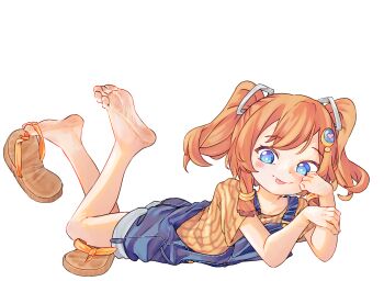 1girl :p bare_legs barefoot blue_eyes blue_overalls blush bright_pupils chaosexceed child closed_mouth dot_nose elbow_rest feet flip-flops full_body hair_ornament lying on_stomach orange_hair original overalls sandals shirt shoe_dangle short_sleeves short_twintails simple_background smile soles solo striped_clothes striped_shirt the_pose toes tongue tongue_out twintails vertical-striped_clothes vertical-striped_shirt white_background white_pupils