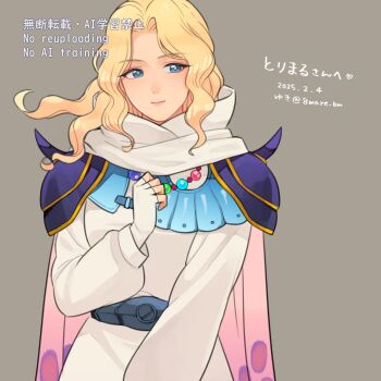 1girl 8warebw blonde_hair blue_eyes breasts cape closed_mouth dress final_fantasy final_fantasy_iv fingerless_gloves gloves hand_on_own_chest highres light_smile long_hair medium_breasts parted_bangs pink_cape rosa_farrell scarf shoulder_spikes solo spikes upper_body watermark wavy_hair white_dress white_gloves white_scarf