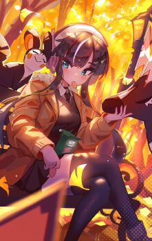 1girl absurdres alternate_costume artist_name black_boots black_choker black_hair black_necktie black_skirt black_socks black_sweater_vest black_thighhighs blue_eyes blush boots brown_coat choker closed_eyes coat commentary crossed_legs dappled_sunlight elesa_(pokemon) emolga english_commentary food_in_mouth gen_5_pokemon headphones highres light_particles looking_at_another necktie nintendo outdoors pokemon pokemon_(creature) pokemon_bw2 samyo shirt short_hair_with_long_locks sidelocks sitting skirt socks sunlight sweater_vest thighhighs white_shirt zebra zebstrika