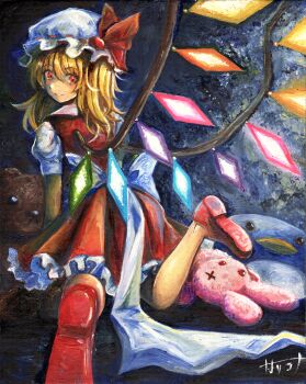 1girl absurdres back_bow blonde_hair bow closed_mouth commentary_request crystal crystal_wings flandre_scarlet frilled_skirt frills harikona hat hat_ribbon highres looking_at_viewer looking_back mob_cap multicolored_wings oil_painting_(medium) one_side_up painting_(medium) puffy_short_sleeves puffy_sleeves red_eyes red_shoes red_skirt red_vest ribbon shoes short_sleeves signature skirt skirt_set smile solo stuffed_animal stuffed_bird stuffed_rabbit stuffed_toy teddy_bear touhou traditional_media vest white_bow white_hat wings