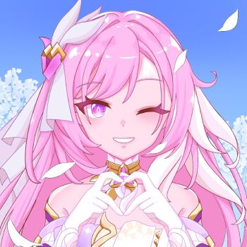 1girl ;) bare_shoulders blue_sky breasts chinese_commentary commentary_request corset diamond-shaped_pupils diamond_(shape) elysia_(herrscher_of_human:_ego)_(honkai_impact) elysia_(honkai_impact) falling_petals flower four-finger_heart_hands gloves heart heart_hands honkai_(series) honkai_impact_3rd large_breasts long_hair looking_at_viewer meow_maolai multicolored_hair one_eye_closed petals pink_hair purple_eyes sky smile solo symbol-shaped_pupils triquetra two-tone_hair upper_body variant_set veil very_long_hair white_corset white_flower white_gloves white_hair white_petals white_veil