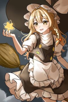 1girl apron black_hat black_skirt black_vest blonde_hair blush bow braid broom cloud commentary_request frilled_apron frilled_skirt frills hair_bow hat hat_bow kirisame_marisa long_hair night night_sky open_mouth orange_bow outdoors puffy_short_sleeves puffy_sleeves short_sleeves side_braid single_braid skirt sky smile solo star_(symbol) temmie_(temi_maru) touhou very_long_hair vest waist_apron white_bow witch_hat yellow_eyes