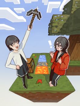 Rule 34 | !, 2girls, absurdres, barefoot, black socks, block (minecraft), blue sky, chest (furniture), choppy bangs, closed eyes, cloud, cobblestone, curled fingers, dandelion, day, dirt, double-parted bangs, dress, feet, flower, fujino (look back), glint, gradient sky, grass, hand on own hip, hanten (clothes), happy, highres, holding, holding pickaxe, jacket, kyomoto (look back), laughing, lava, layered clothes, long sleeves, look back, minecraft, minecraft (style), mole, mole under mouth, multiple girls, open mouth, pants, pickaxe, pigeon-toed, red jacket, rose, shadow, shirt, shoes, single tear, sky, skyblock, socks, striped clothes, striped jacket, striped pants, surprised, tree, vertical-striped clothes, vertical-striped jacket, vertical-striped pants, water, white shirt, xyanaid