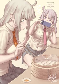 2girls ^^^ absurdres alternate_costume bamboo_steamer steamed_bun blood blush breasts chopsticks closed_mouth collared_shirt dotted_line dress_shirt food food_on_face from_side grey_hair grey_skirt hand_to_own_mouth hand_up highres holding holding_chopsticks holding_phone kizuna_akari large_breasts leaning_to_the_side long_hair looking_down multiple_girls necktie nosebleed on_stool orange_necktie phone pink_necktie pleated_skirt profile purple_eyes recording reflective_table school_uniform shade_of_trees shirt short_hair_with_long_locks short_sleeves signature simple_background sitting skirt small_breasts voiceroid white_shirt yuzuki_yukari