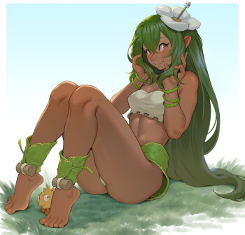 Rule 34 | 1girl, amalia sheran sharm, bare legs, barefoot, blue background, blush, bracelet, breasts, cheshirrr, cleavage, commentary, dark-skinned female, dark skin, feet, flower, freckles, gradient background, green hair, hair flower, hair ornament, highres, jewelry, leaf clothing, legs, long hair, looking at viewer, medium breasts, midriff, navel, pointy ears, sadida, sitting, smile, solo, thighs, toenails, toes, very long hair, wakfu, white flower
