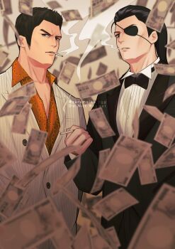 2boys black_hair black_pants chain_print cigarette collared_shirt eyepatch formal_clothes hair_slicked_back highres holding holding_cigarette jacket kiryu_kazuma long_hair looking_at_viewer majima_goro male_focus money multiple_boys open_clothes orange_shirt pants ponytail ryuu_ga_gotoku_(series) ryuu_ga_gotoku_0 shirt short_hair sideburns smoke smoke_trail smoking suit surumeika_rgg white_suit yakuza yen