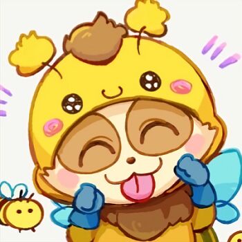 1boy :p bee beemo blue_gloves blush bug cherii_(cherry_sister) clenched_hands closed_mouth commentary closed_eyes gloves hood hood_up insect league_of_legends looking_at_viewer lowres male_focus official_alternate_costume smile solo teemo tongue tongue_out upper_body wings