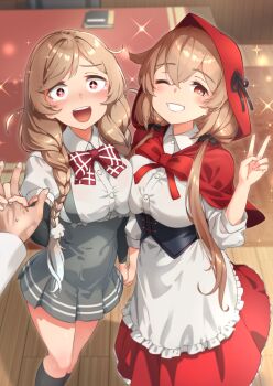 1boy 2girls admiral_(kancolle) black_socks blush braid breasts brown_hair commentary_request from_above grin highres holding_hands izumi_kuma kantai_collection large_breasts little_red_riding_hood_(fairy_tale) long_hair looking_at_viewer minegumo_(kancolle) miniskirt multiple_girls murasame_(kancolle) official_alternate_costume one_eye_closed open_mouth pleated_skirt pov pov_hands red_eyes skirt smile socks sparkle standing teeth twin_braids upper_teeth_only v wooden_floor