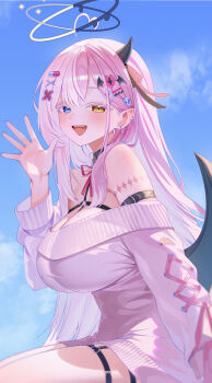1girl absurdres ahoge arm_belt bare_shoulders blue_eyes breasts chest_harness cleavage colored_eyelashes detached_collar dress gimseol hair_ornament hairclip halo hand_up harness heart heart_ahoge heart_o-ring heterochromia highres indie_virtual_youtuber large_breasts long_sleeves mole mole_on_breast multicolored_hair o-ring off-shoulder_sweater off_shoulder open_mouth pink_hair pointy_ears sitting smile solo split-color_hair sweater sweater_dress thigh_strap thighs two-tone_hair virtual_youtuber white_eyelashes white_hair white_sweater yellow_eyes