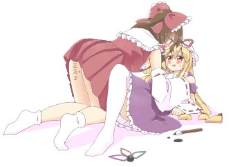 2girls ascot blonde_hair blush bow brown_eyes brown_hair calligraphy_brush commentary_request detached_sleeves dress frilled_bow frilled_hair_tubes frills hair_bow hair_tubes hakurei_reimu hat hat_ribbon long_hair lying mob_cap multiple_girls new_year on_back open_mouth paintbrush pleated_skirt purple_dress red_bow red_skirt ribbon ribbon-trimmed_sleeves ribbon_trim shishiky skirt skirt_set socks sweat tally thighhighs touhou white_socks white_thighhighs yakumo_yukari yellow_ascot yellow_eyes yuri