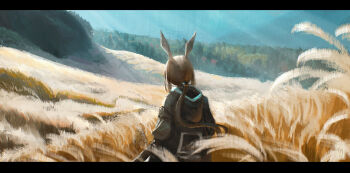 1girl absurdres amiya_(arknights) animal_ears arknights black_jacket brown_hair field grass highres hill hood hood_down hooded_jacket jacket long_hair low_ponytail ponytail rabbit_ears rabbit_girl scenery solo tall_grass tenkijio tree very_long_hair