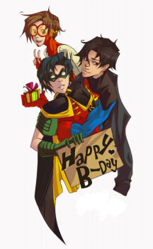 3boys bart_allen batman_(series) birthday black_hair bodysuit bow box brown_hair cape dc_comics domino_mask earrings eye_mask fingerless_gloves flash_(series) gift gloves goggles image_sample impulse jewelry kon-el male_focus mask multiple_boys pixiv_sample red_gloves resized robin_(dc) s_shield superboy superman_(series) tim_drake v xmenoux young_justice