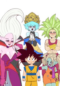 1boy 4girls :3 :d abs aeos_(dragon_ball) black_lips black_nails blue_hair blue_sash blue_skin blush breasts cleavage colored_skin crop_top crossed_arms dougi dr._arinsu dragon_ball dragon_ball_daima dragon_ball_heroes dragon_ball_super earrings gloves green_eyes highres jewelry kefla_(dragon_ball) large_breasts multiple_girls muscular muscular_female open_mouth orange_overalls overalls pansy_(dragon_ball_daima) pink_skin pointy_ears potara_earrings purple_eyes purple_scarf sash scarf simple_background smile son_goku spanish_commentary spiked_hair super_saiyan sweatdrop twintails white_background white_gloves white_hair wichotoons wristband yellow_gloves