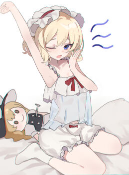 1girl :o alice_margatroid arm_up armpits bare_arms blonde_hair bloomers blue_eyes character_doll commentary_request doll frilled_hairband frills full_body hairband hand_up highres kani_nyan kirisame_marisa looking_at_viewer medium_hair nightgown no_shoes on_bed one_eye_closed open_mouth pillow red_ribbon ribbon see-through_clothes see-through_nightgown sitting socks solo squiggle stretching touhou underwear waking_up wariza white_background white_bloomers white_nightgown white_socks yawning