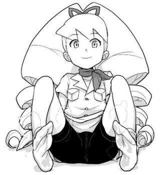 1girl bad_id bike_shorts bow drill_hair greyscale hair_bow heriyama long_hair looking_at_viewer lowres luna_platz_(mega_man) mega_man_(series) mega_man_star_force_(series) monochrome scarf sitting smile socks twin_drills very_long_hair