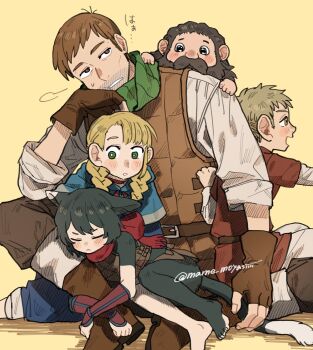 2girls 3boys :&lt; animal_feet armor beard beard_stubble black_footwear black_hair blonde_hair blue_capelet blush boots braid brown_eyes brown_gloves brown_hair capelet chilchuck_tims chilchuck_tims_(tallman) choker closed_eyes closed_mouth commentary_request dungeon_meshi facial_hair fingerless_gloves gloves green_eyes highres izutsumi laios_touden laios_touden_(dwarf) leather_armor long_hair mame_moyashi marcille_donato marcille_donato_(half-foot) multiple_boys multiple_girls open_mouth orange_eyes pants puff_of_air red_choker red_scarf scarf senshi_(dungeon_meshi) senshi_(half-foot)_(dungeon_meshi) shirt simple_background stubble sweat twin_braids yellow_background