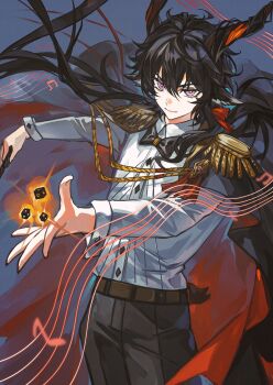 1boy absurdres aiguillette animal_ears arknights beamed_eighth_notes belt black_bow black_bowtie black_cape black_hair black_pants bow bowtie brown_belt buttons cape cen_(acheng02806053) closed_mouth collared_shirt dice ebenholz_(arknights) epaulettes hashtag-only_commentary highres holding horns long_hair long_sleeves looking_at_viewer magic male_focus musical_note musical_staff orange_cape pants pink_eyes shirt solo traditional_bowtie two-sided_cape two-sided_fabric white_shirt