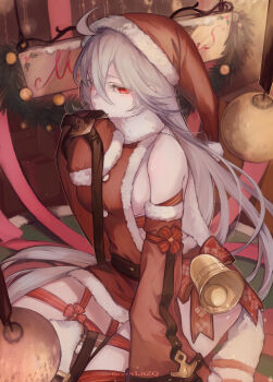 1girl absurdres ahoge bell blush breasts christmas closed_mouth detached_sleeves dress grey_hair hat highres laevateinn_(phantom_of_the_kill) long_hair medium_breasts ornament phantom_of_the_kill red_eyes ribbon santa_costume santa_dress santa_hat sideboob sign sitting sleeves_past_wrists smile solo upper_body wklnzq