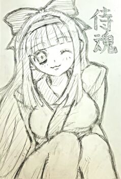 1girl ainu_clothes breasts hair_ribbon highres legs lips long_hair looking_at_viewer medium_breasts monochrome nakoruru one_eye_closed pants ribbon samurai_spirits sitting sketch smile snk solo the_king_of_fighters the_king_of_fighters_xv thighs traditional_media wink