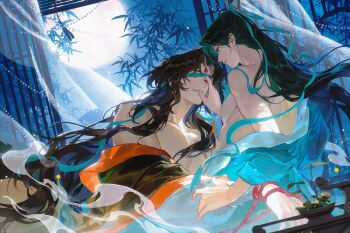 Rule 34 | 2boys, absurdres, al (ahr), architecture, bamboo, bare pectorals, black hanfu, blind, blindfold, brown hair, chinese clothes, colored blindfold, commentary request, couch, curtained hair, curtains, dutch angle, east asian architecture, floating hair, flower, from below, full moon, green hair, green hanfu, green ribbon, hand on another's face, hanfu, highres, indoors, leaning forward, light particles, long hair, long sleeves, looking at another, luo binghe, male focus, moon, multiple boys, night, on couch, parted bangs, parted lips, partially undressed, pectorals, reclining, red eyes, red rope, removing blindfold, renzha fanpai zijiu xitong, ribbon, rope, rope around wrist, scar, scar on chest, see-through curtains, shen qingqiu, smile, smoke, star (sky), very long hair, wavy hair, wide sleeves, window, wolf cut, xiao guan (headdress), yaoi, zuiyin