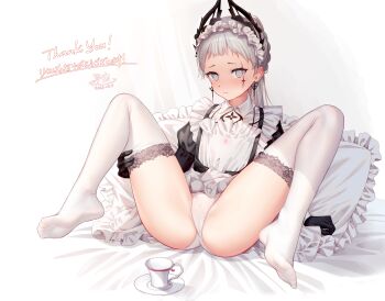 1girl absurdres arknights bed_sheet black_gloves blush closed_mouth cup dress earrings frilled_pillow frills full_body gloves grey_eyes grey_hair has_bad_revision has_downscaled_revision highres irene_(arknights) jewelry kep_(ahokep) knees_up long_hair looking_at_viewer maid_headdress md5_mismatch no_shoes panties pillow resolution_mismatch saucer scar scar_across_eye scar_on_face sitting solo source_smaller spread_legs teacup thighhighs underwear white_background white_dress white_panties white_thighhighs