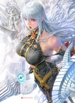 1girl b.c.n.y. bare_shoulders breasts from_above gloves highres holding holding_polearm holding_shield holding_weapon knight lance large_breasts long_hair military military_uniform open_mouth polearm red_eyes selvaria_bles senjou_no_valkyria senjou_no_valkyria_(series) senjou_no_valkyria_1 shield solo weapon white_hair