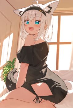 1girl :d absurdres ahoge animal_ear_fluff animal_ear_piercing animal_ears aqua_eyes barefoot black_hairband black_shirt clothing_cutout commentary day deaver extra_ears fang fox_ears fox_girl fox_tail hairband highres hip_vent hololive indoors no_pants official_alternate_costume open_mouth pentagram shirakami_fubuki shirakami_fubuki_(loungewear) shirt side-tie_shirt single_off_shoulder sitting smile solo t-shirt tail tail_under_clothes virtual_youtuber white_hair window
