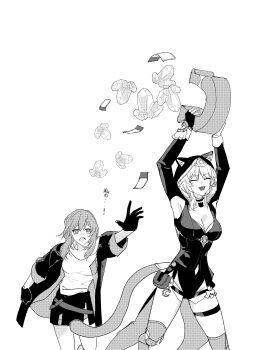 2girls absurdres animal_ears animal_hood breasts cat_ears cat_girl cat_hood cat_tail cipher_(honkai:_star_rail) cleavage coin commentary crescent ghost_star_0 gloves greyscale hashtag-only_commentary highres honkai:_star_rail honkai_(series) hood jacket leotard long_hair magnet medium_breasts monochrome multiple_girls pouch shirt skirt star_rail_special_pass_(honkai:_star_rail) stellar_jade stelle_(honkai:_star_rail) symbol-only_commentary tail thigh_strap trailblazer_(honkai:_star_rail) white_background white_shirt