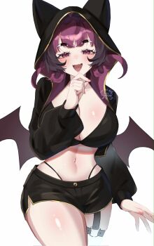1girl aegyo_sal animal_ear_hood animal_ears bat_wings black_bra black_jacket black_shorts blush bra breasts character_request cleavage commentary commission copyright_request cowboy_shot curvy english_commentary fake_animal_ears fang fingernails hand_on_own_chin hand_up highres hood hood_up hooded_jacket icy_artzy jacket large_breasts long_sleeves looking_at_viewer midriff nail_polish navel open_clothes open_jacket open_mouth panty_straps pink_nails purple_eyes purple_hair short_hair short_shorts shorts simple_background skin_fang smile solo underwear white_background wide_hips wings